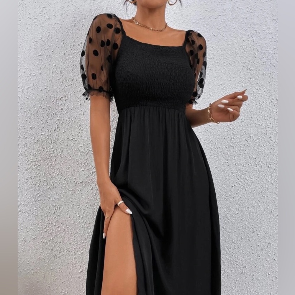 SHEIN Polka Dot Mesh Puff Sleeve Shirred Split Thigh Midi Dress Black